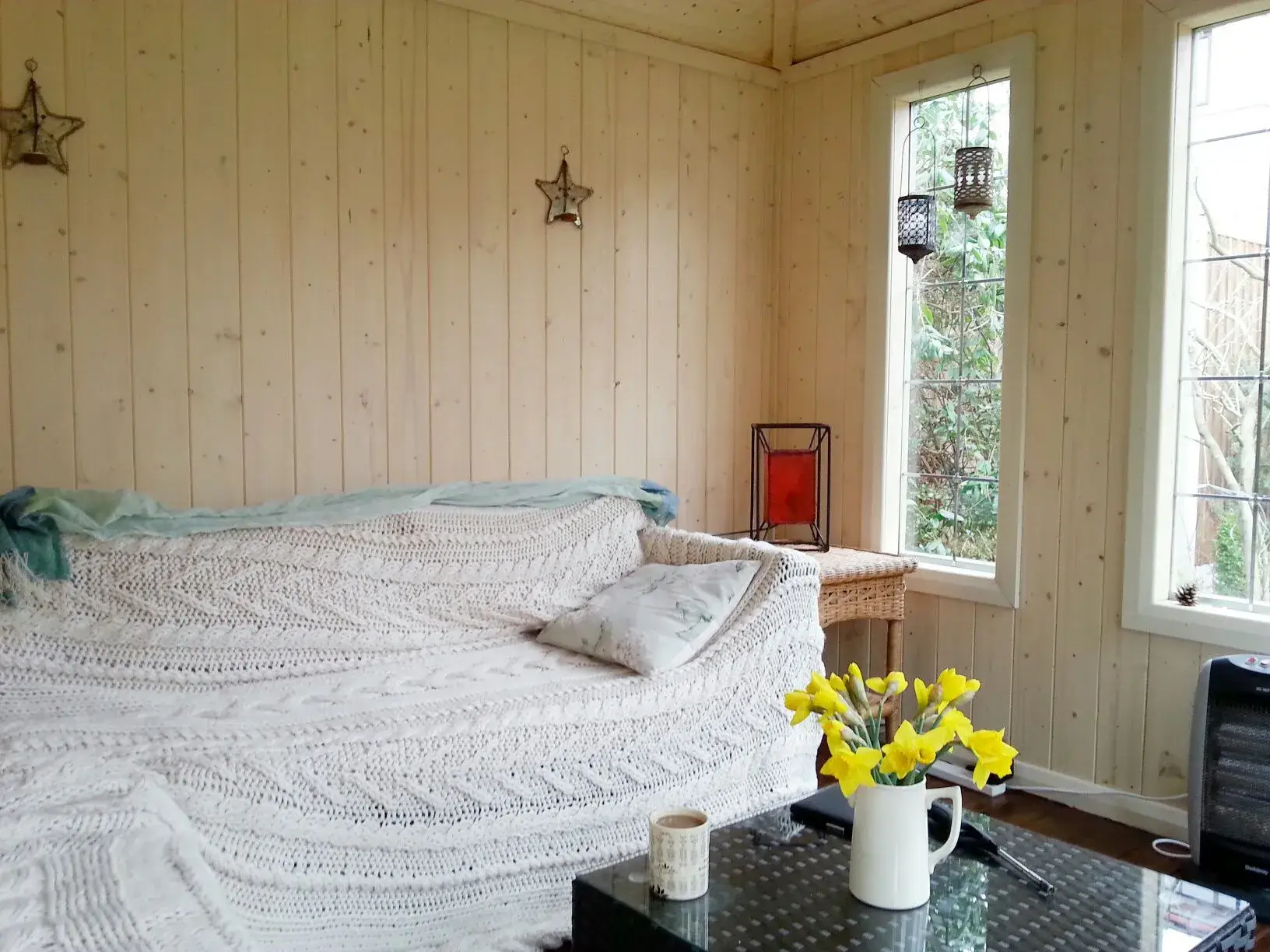 this photo shows an interior view of a lined and insulated corner summerhouse